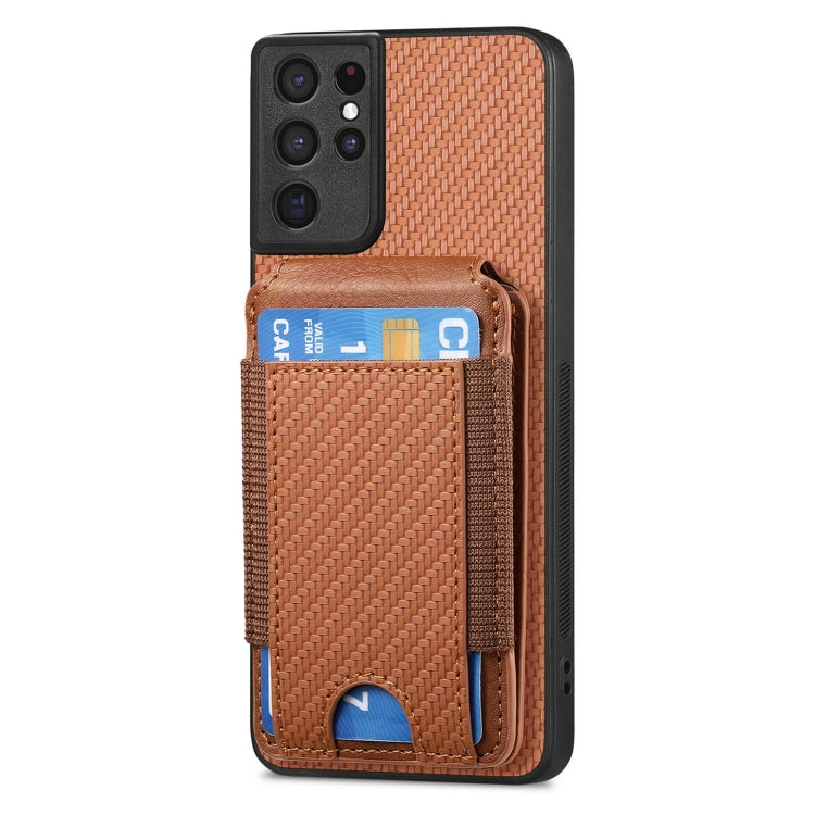 For Samsung Galaxy S21 Ultra 5G Carbon Fiber Vertical Flip Wallet Stand Phone Case