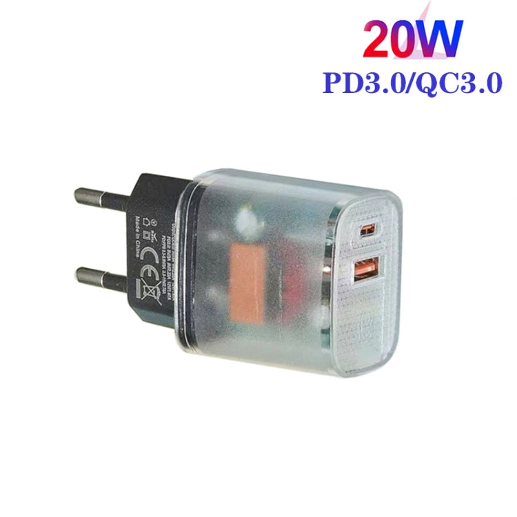 Transparent PD3.0 Type-C + QC3.0 USB Mobile Phone Charger, EU Plug