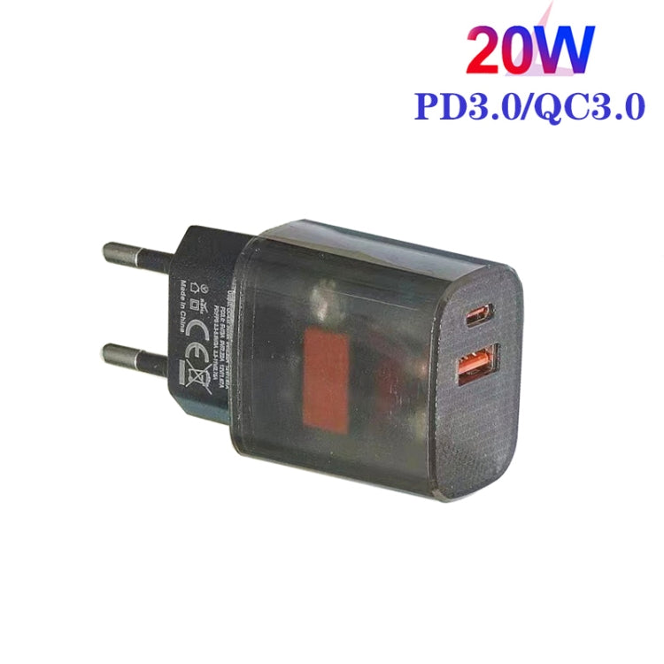Transparent PD3.0 Type-C + QC3.0 USB Mobile Phone Charger, EU Plug