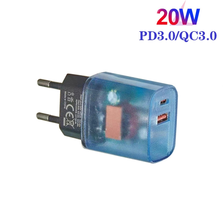 Transparent PD3.0 Type-C + QC3.0 USB Mobile Phone Charger, EU Plug