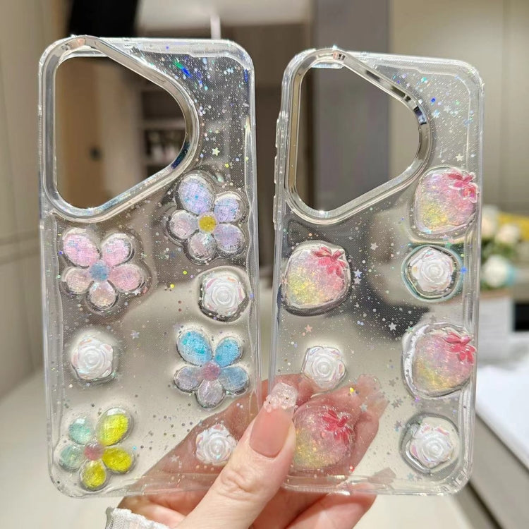For Huawei Pura 70 Electroplated Frame 3D Strawberry Flower  TPU Phone Case
