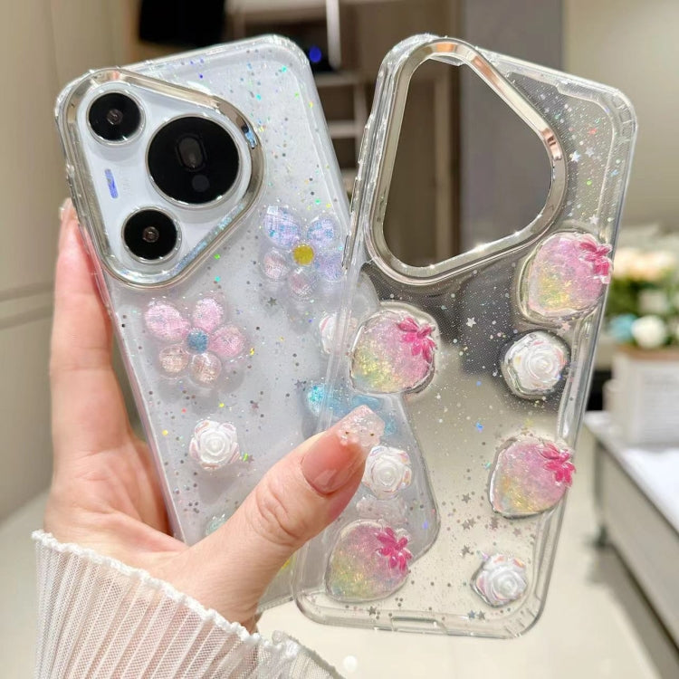 For Huawei Pura 70 Electroplated Frame 3D Strawberry Flower  TPU Phone Case