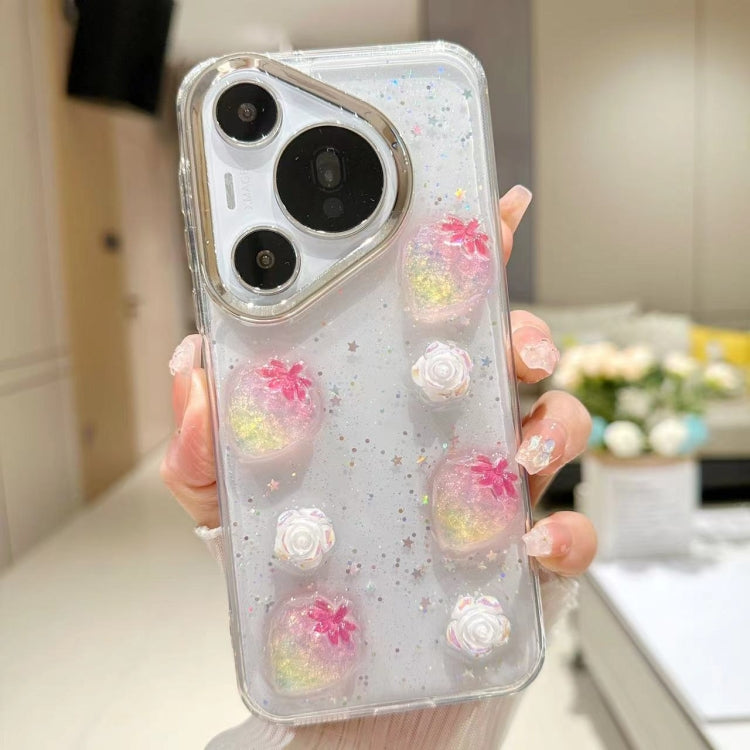For Huawei Pura 70 Electroplated Frame 3D Strawberry Flower  TPU Phone Case