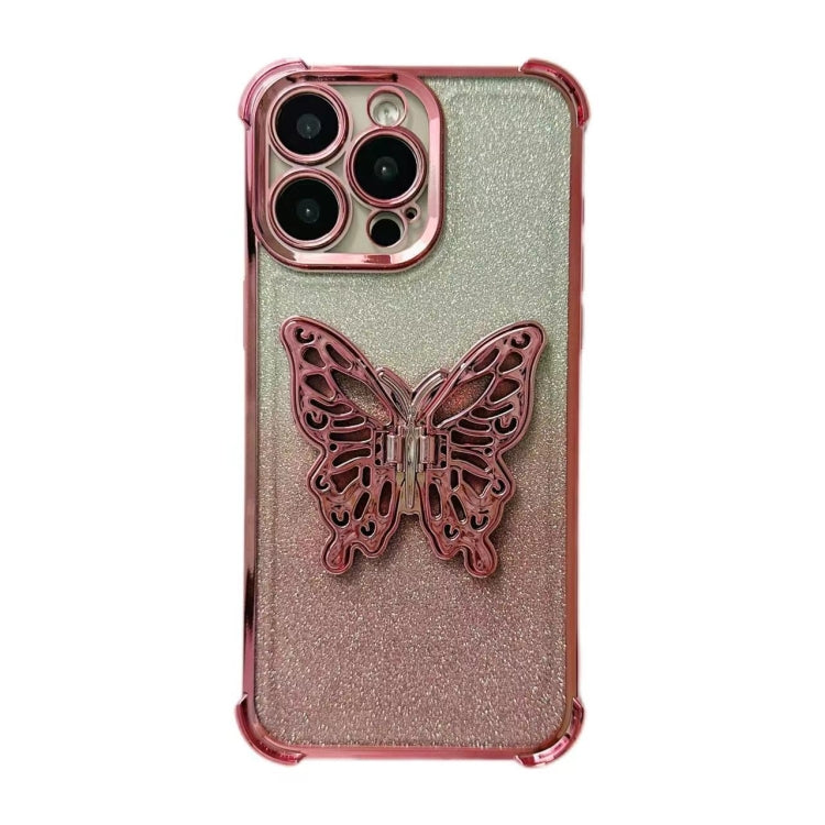 For iPhone 15 Pro Max Electroplated Glitter 3D Butterfly Four-corner Shockproof TPU Phone Case - Gradient Pink