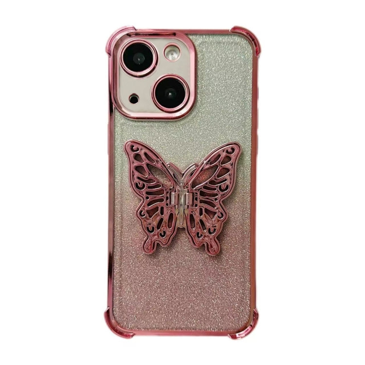 For iPhone 15 Plus Electroplated Glitter 3D Butterfly Four-corner Shockproof TPU Phone Case - Gradient Pink