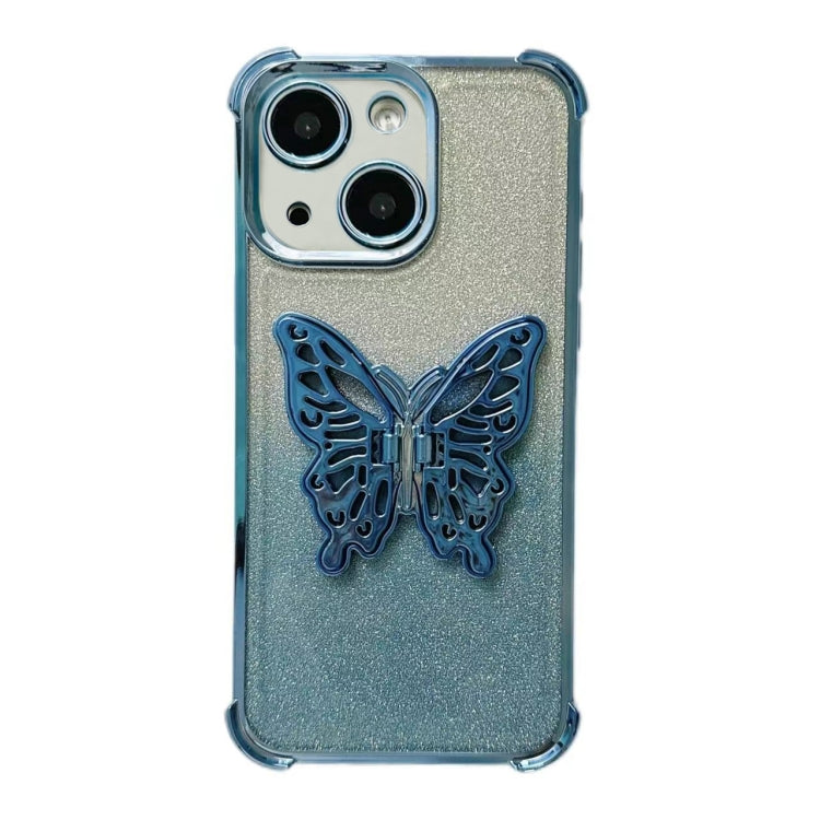 For iPhone 15 Electroplated Glitter 3D Butterfly Four-corner Shockproof TPU Phone Case