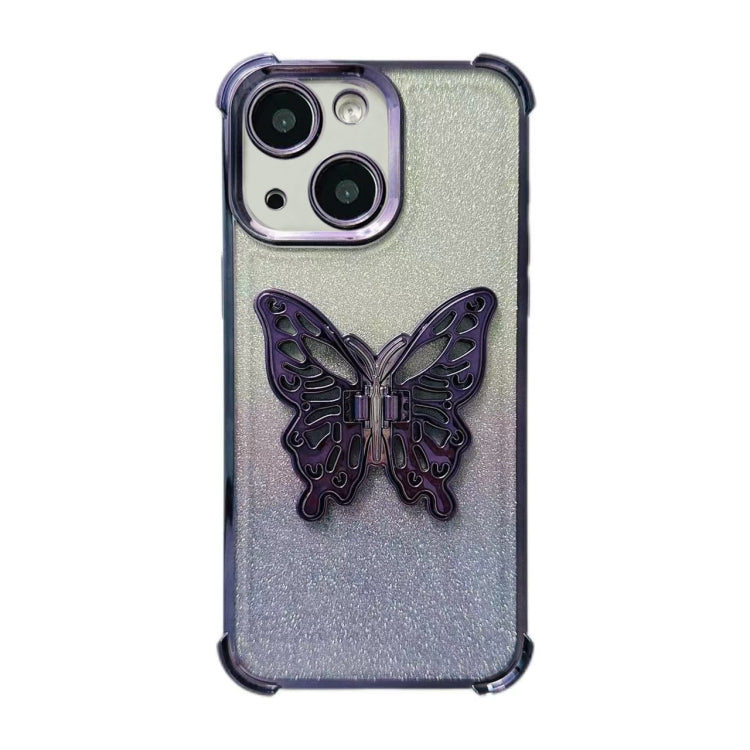 For iPhone 15 Electroplated Glitter 3D Butterfly Four-corner Shockproof TPU Phone Case