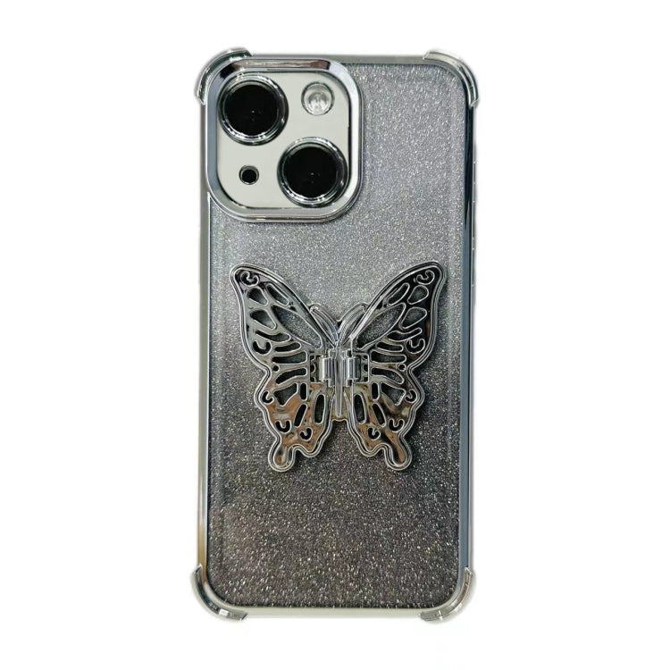 For iPhone 15 Electroplated Glitter 3D Butterfly Four-corner Shockproof TPU Phone Case