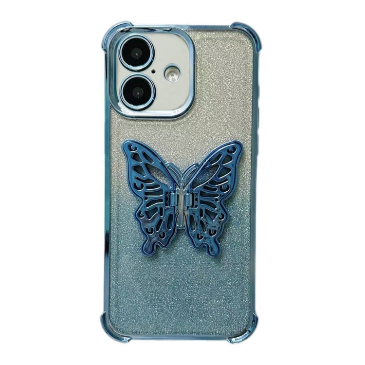 For iPhone 16 Electroplated Glitter 3D Butterfly Four-corner Shockproof TPU Phone Case