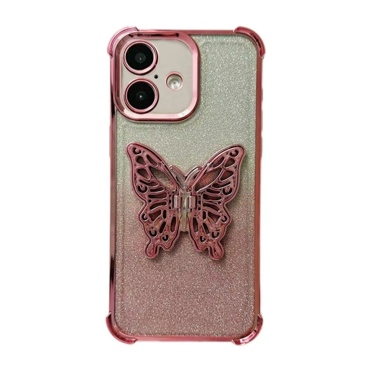 For iPhone 16 Plus Electroplated Glitter 3D Butterfly Four-corner Shockproof TPU Phone Case - Gradient Pink