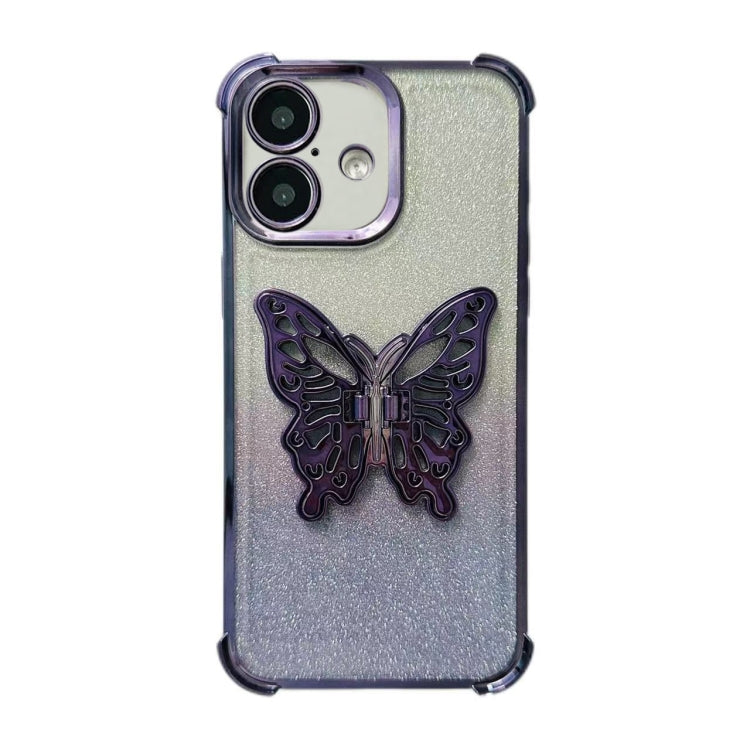 For iPhone 16 Plus Electroplated Glitter 3D Butterfly Four-corner Shockproof TPU Phone Case