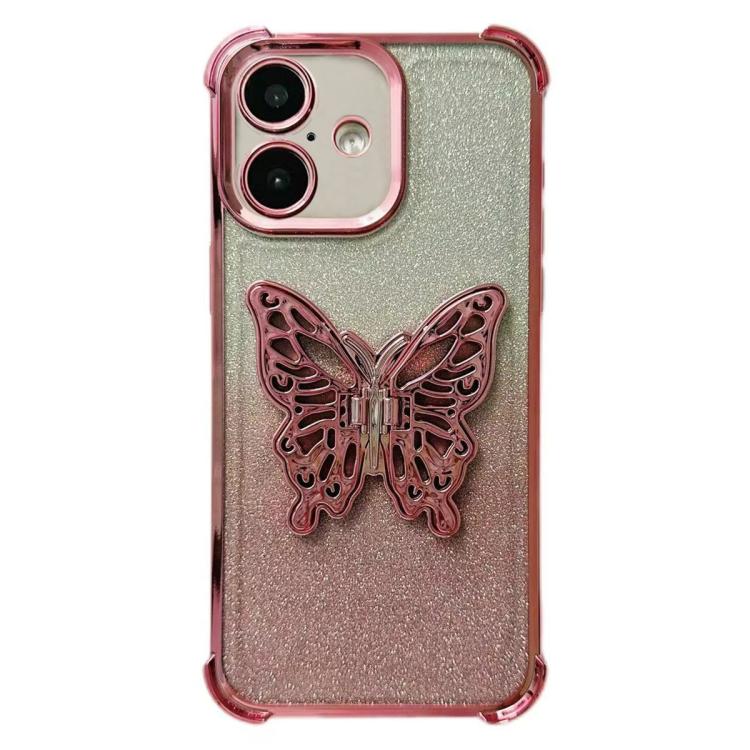 For iPhone 17 Electroplated Glitter 3D Butterfly Four-corner Shockproof TPU Phone Case - Gradient Pink