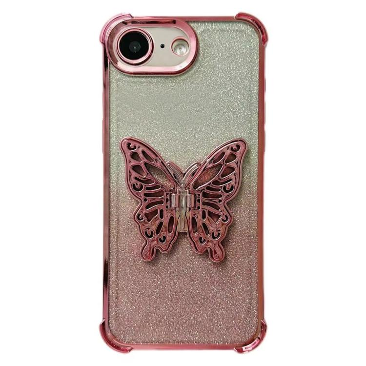 For iPhone 17e / 16e Electroplated Glitter 3D Butterfly Four-corner Shockproof TPU Phone Case - Gradient Pink