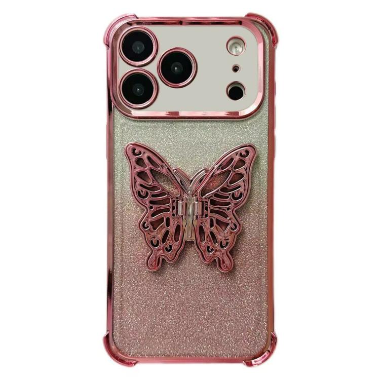 For iPhone 17 Pro Electroplated Glitter 3D Butterfly Four-corner Shockproof TPU Phone Case - Gradient Pink