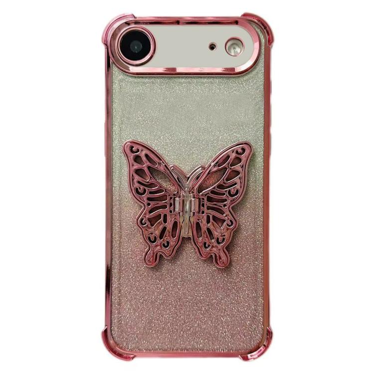 For iPhone Air Electroplated Glitter 3D Butterfly Four-corner Shockproof TPU Phone Case - Gradient Pink