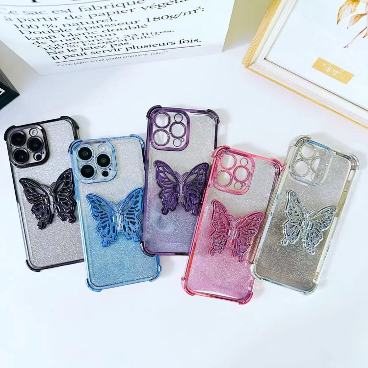 For iPhone XS Max Electroplated Glitter 3D Butterfly Four-corner Shockproof TPU Phone Case - Gradient Pink