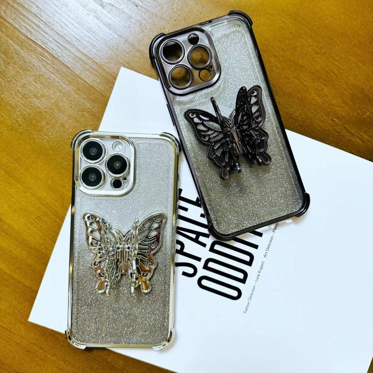 For iPhone 15 Plus Electroplated Glitter 3D Butterfly Four-corner Shockproof TPU Phone Case - Gradient Pink
