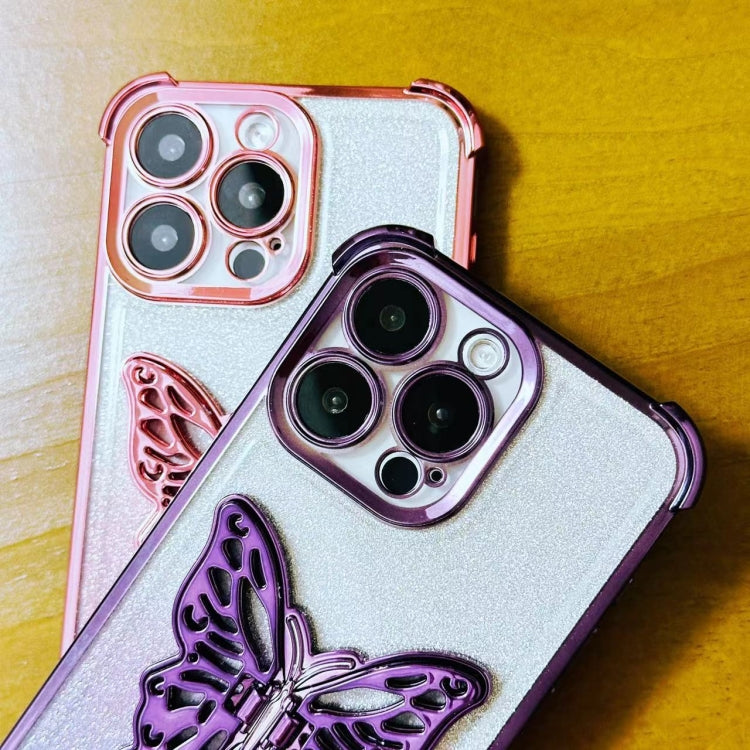 For iPhone 15 Pro Electroplated Glitter 3D Butterfly Four-corner Shockproof TPU Phone Case - Gradient Pink