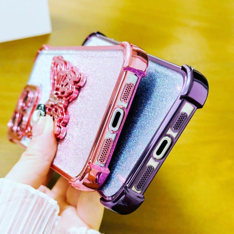 For iPhone 15 Pro Electroplated Glitter 3D Butterfly Four-corner Shockproof TPU Phone Case - Gradient Pink