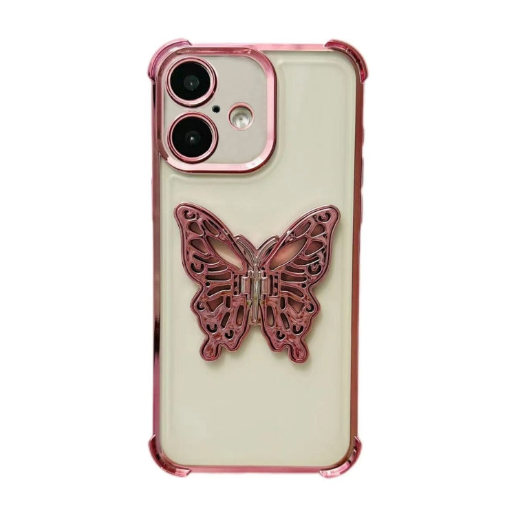 For iPhone 16 Electrpolated 3D Butterfly Holder TPU Phone Case - Pink