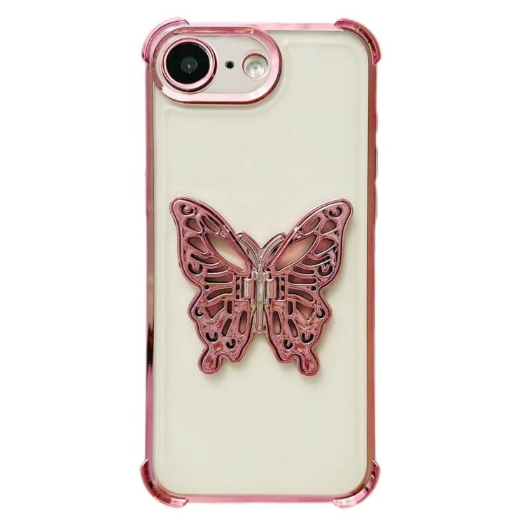 For iPhone 17e / 16e Electrpolated 3D Butterfly Holder TPU Phone Case - Pink
