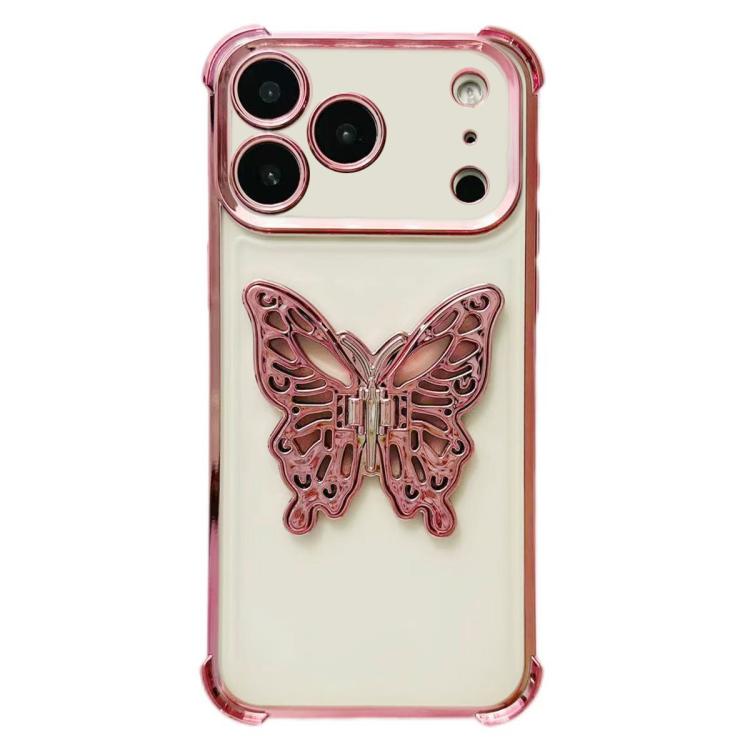 For iPhone 17 Pro Electrpolated 3D Butterfly Holder TPU Phone Case - Pink