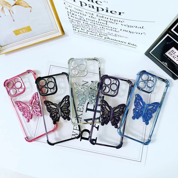 For iPhone 14 Plus Electrpolated 3D Butterfly Holder TPU Phone Case - Pink
