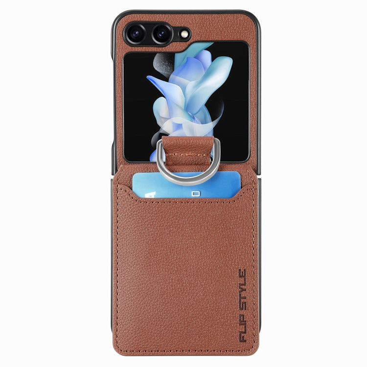 For Samsung Galaxy Z Flip5 Litchi Texture Leather Ring Wallet Phone Case
