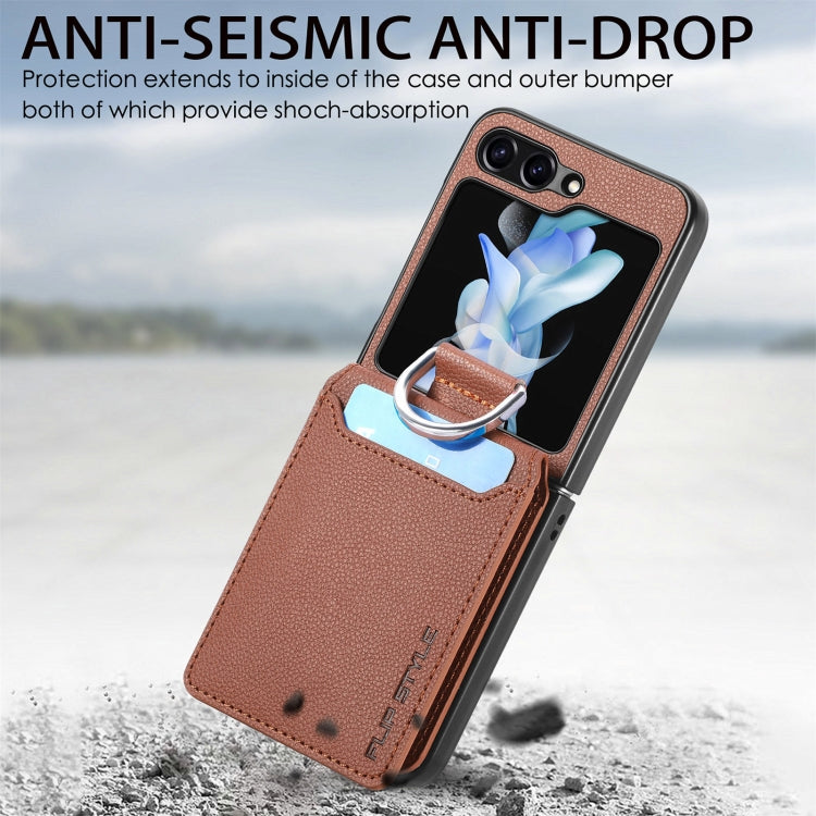 For Samsung Galaxy Z Flip5 Litchi Texture Leather Ring Wallet Phone Case