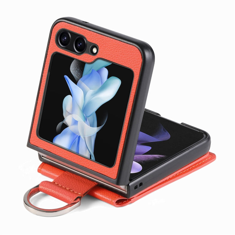 For Samsung Galaxy Z Flip5 Litchi Texture Leather Ring Wallet Phone Case