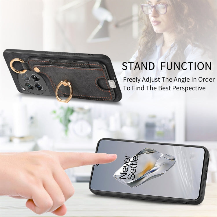For OnePlus 12 5G Retro Skin-feel Ring Card Bag Phone Case with Hang Loop
