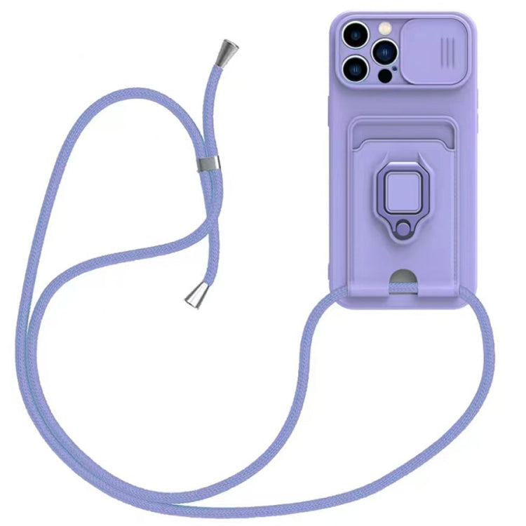For iPhone 15 Pro Max Sliding Camshield Magnetic Card Holder Silicone Phone Case with Lanyard