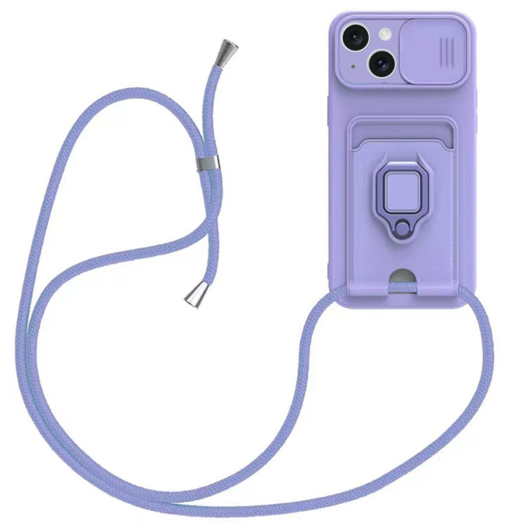 For iPhone 15 Plus Sliding Camshield Magnetic Card Holder Silicone Phone Case with Lanyard