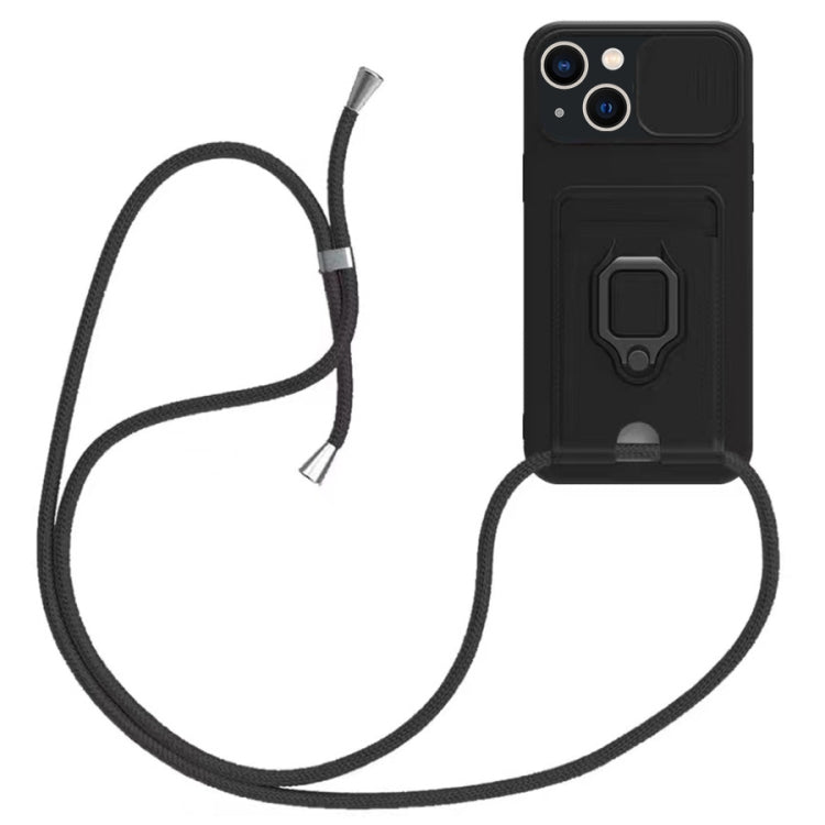 For iPhone 14 Sliding Camshield Magnetic Card Holder Silicone Phone Case with Lanyard
