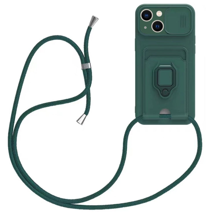 For iPhone 14 Sliding Camshield Magnetic Card Holder Silicone Phone Case with Lanyard