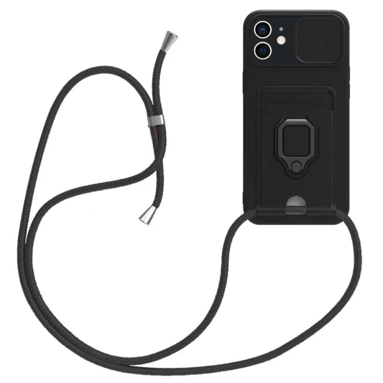 For iPhone 12 Sliding Camshield Magnetic Card Holder Silicone Phone Case with Lanyard