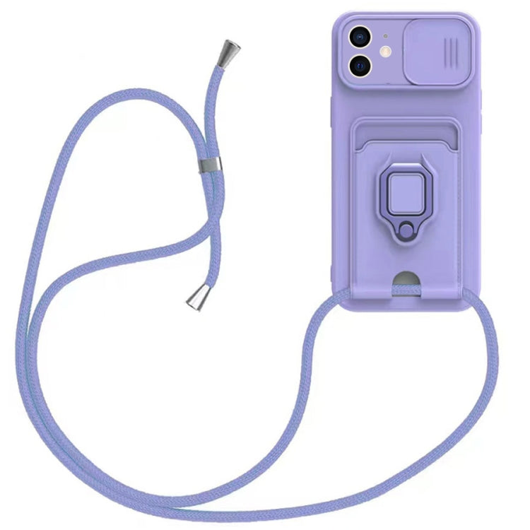 For iPhone 12 Sliding Camshield Magnetic Card Holder Silicone Phone Case with Lanyard