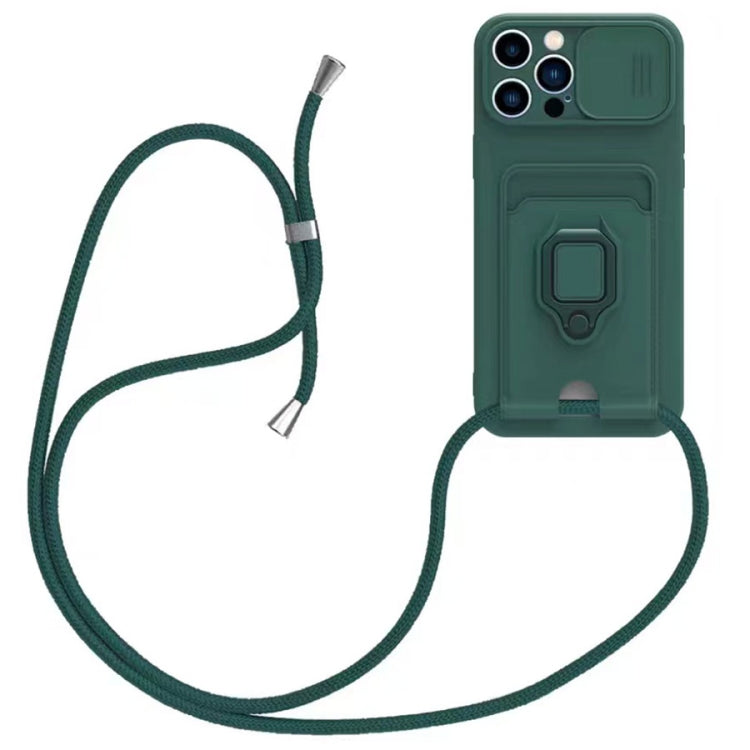 For iPhone 12 Pro Max Sliding Camshield Magnetic Card Holder Silicone Phone Case with Lanyard