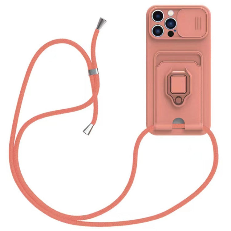 For iPhone 12 Pro Sliding Camshield Magnetic Card Holder Silicone Phone Case with Lanyard - Pink