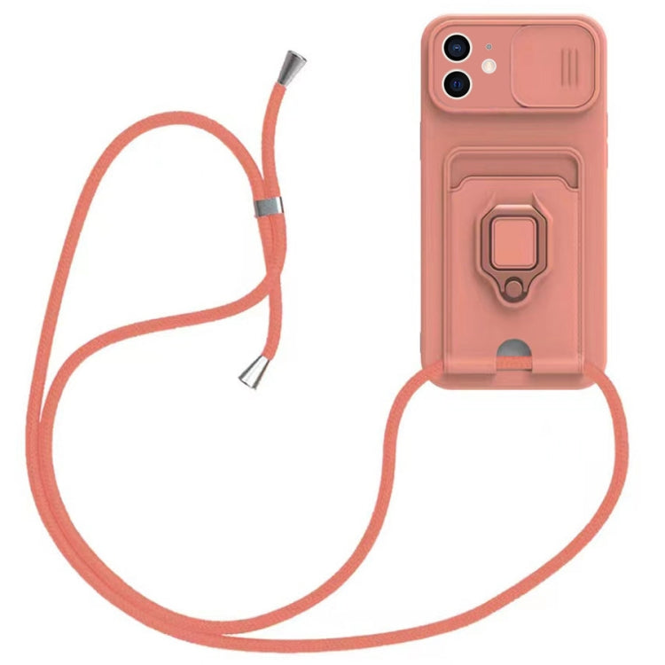 For iPhone 11 Sliding Camshield Magnetic Card Holder Silicone Phone Case with Lanyard - Pink