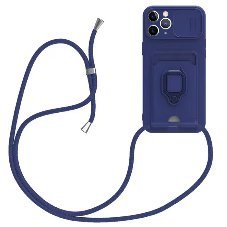 For iPhone 11 Pro Sliding Camshield Magnetic Card Holder Silicone Phone Case with Lanyard