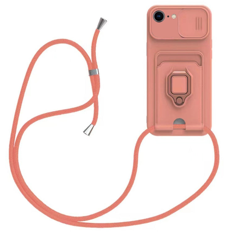 For iPhone 7 / 8 / SE 2022 Sliding Camshield Magnetic Card Holder Silicone Phone Case with Lanyard - Pink