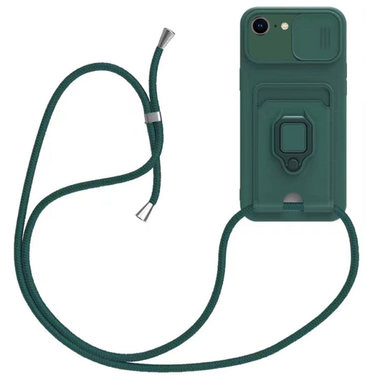 For iPhone 7 / 8 / SE 2022 Sliding Camshield Magnetic Card Holder Silicone Phone Case with Lanyard
