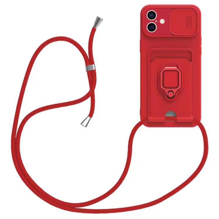 For iPhone 16 Plus Sliding Camshield Magnetic Card Holder Silicone Phone Case with Lanyard