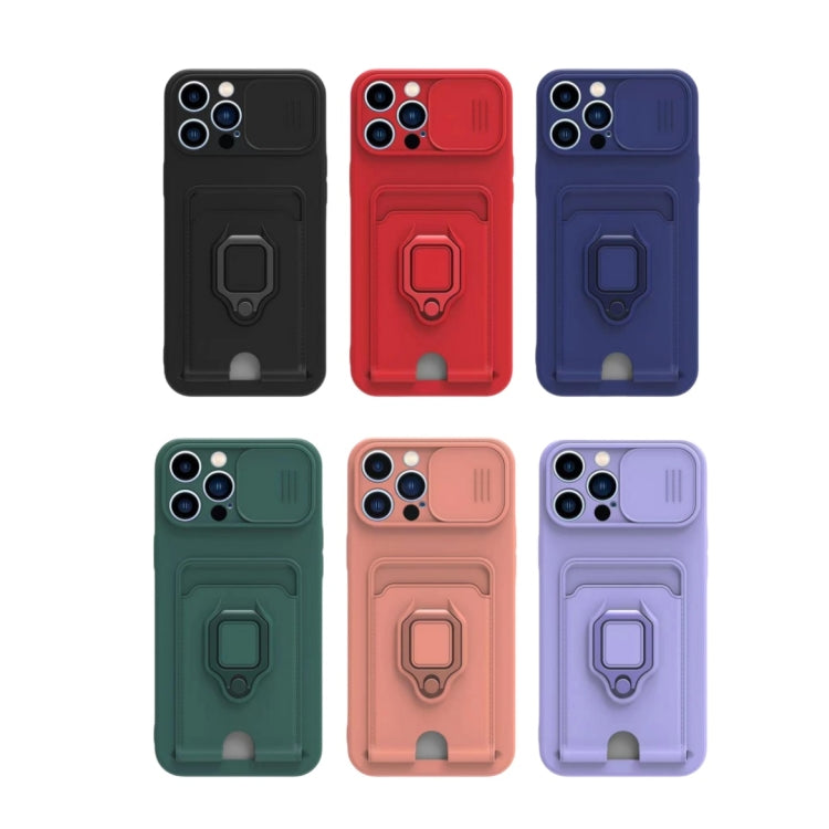 For iPhone 15 Pro Max Sliding Camshield Magnetic Card Holder Silicone Phone Case with Lanyard - Pink