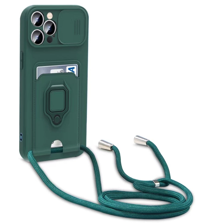For iPhone 15 Plus Sliding Camshield Magnetic Card Holder Silicone Phone Case with Lanyard