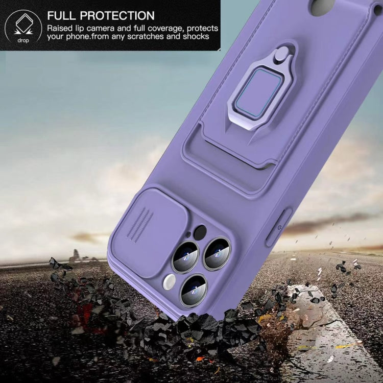 For iPhone 13 Sliding Camshield Magnetic Card Holder Silicone Phone Case with Lanyard