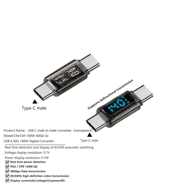 Type-C Male to Type-C Male 40Gbps Data Transmission PD140W Digital Display Adapter