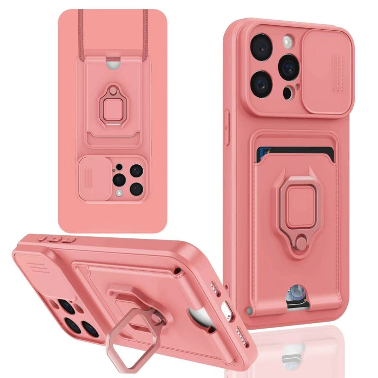 For iPhone 15 Pro Max Sliding Camshield Magnetic Card Holder Silicone Phone Case - Pink