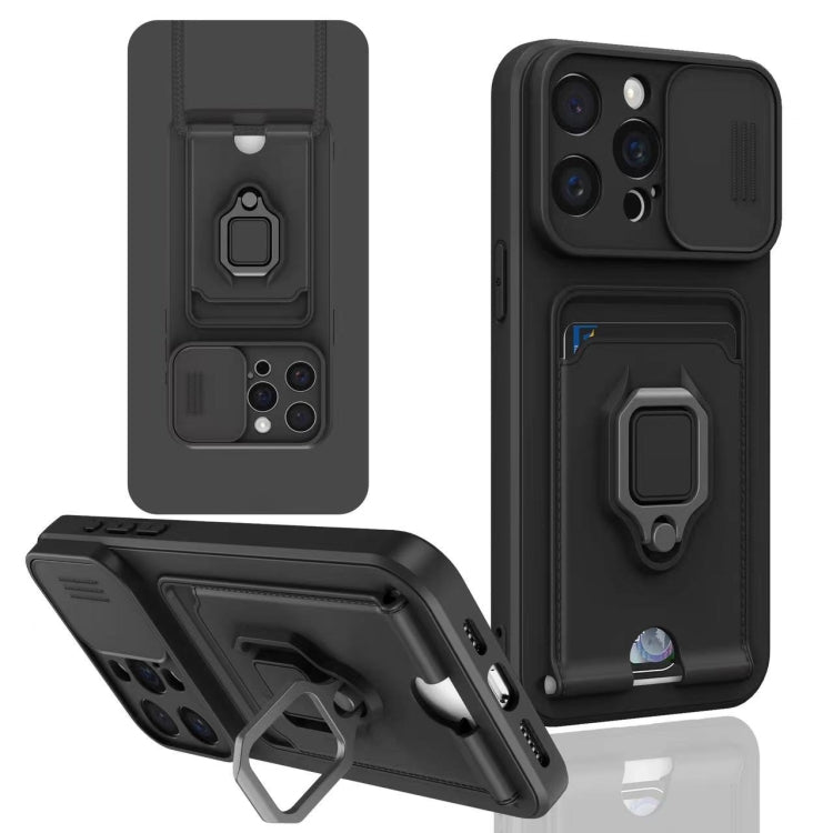 For iPhone 15 Pro Max Sliding Camshield Magnetic Card Holder Silicone Phone Case